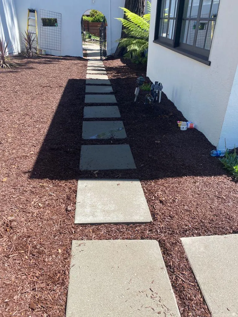 Side yard walkway of concrete stepping stones